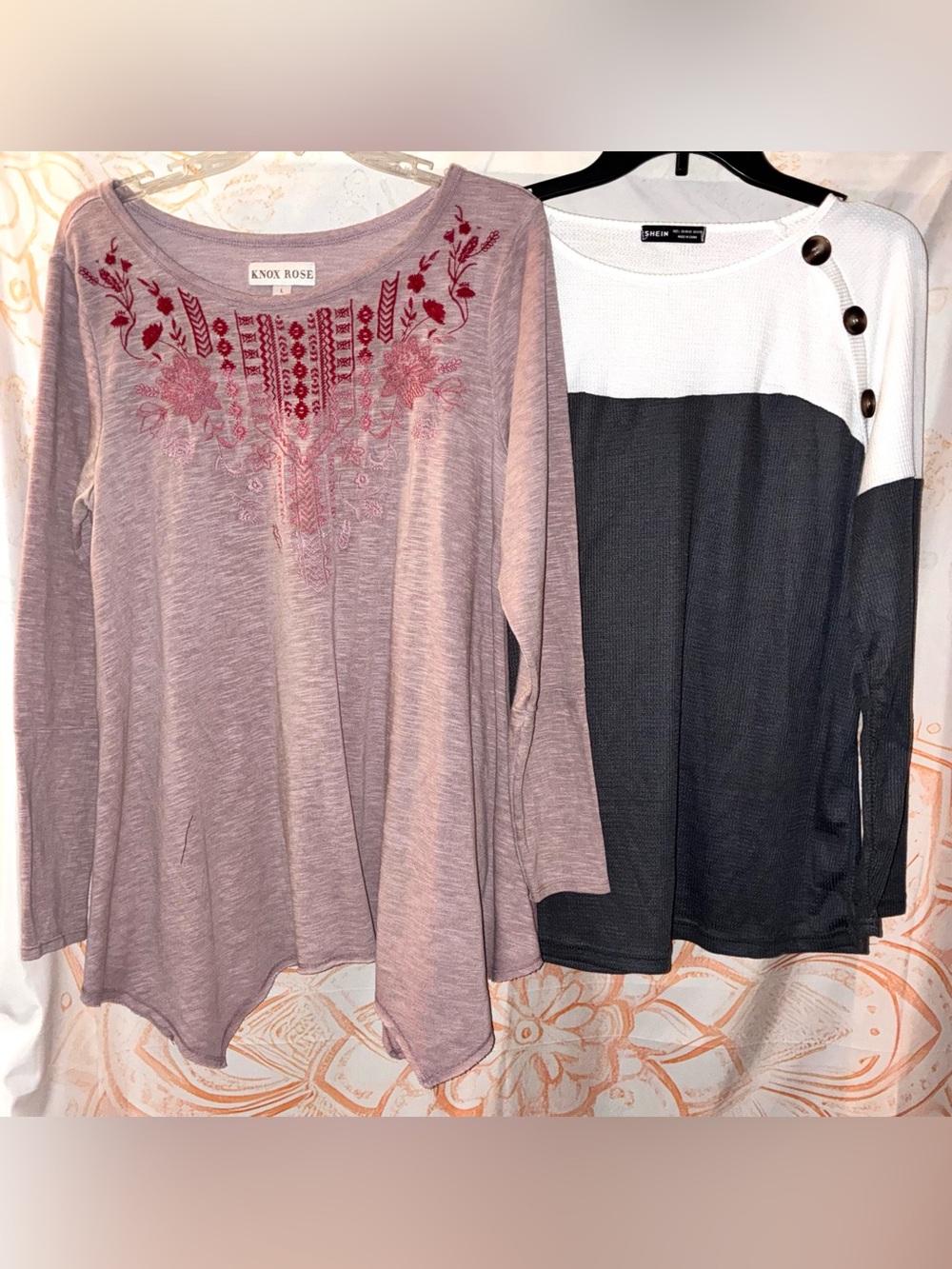 Knox Rose Mauve Long-Sleeve Top with Red Floral Embroidery